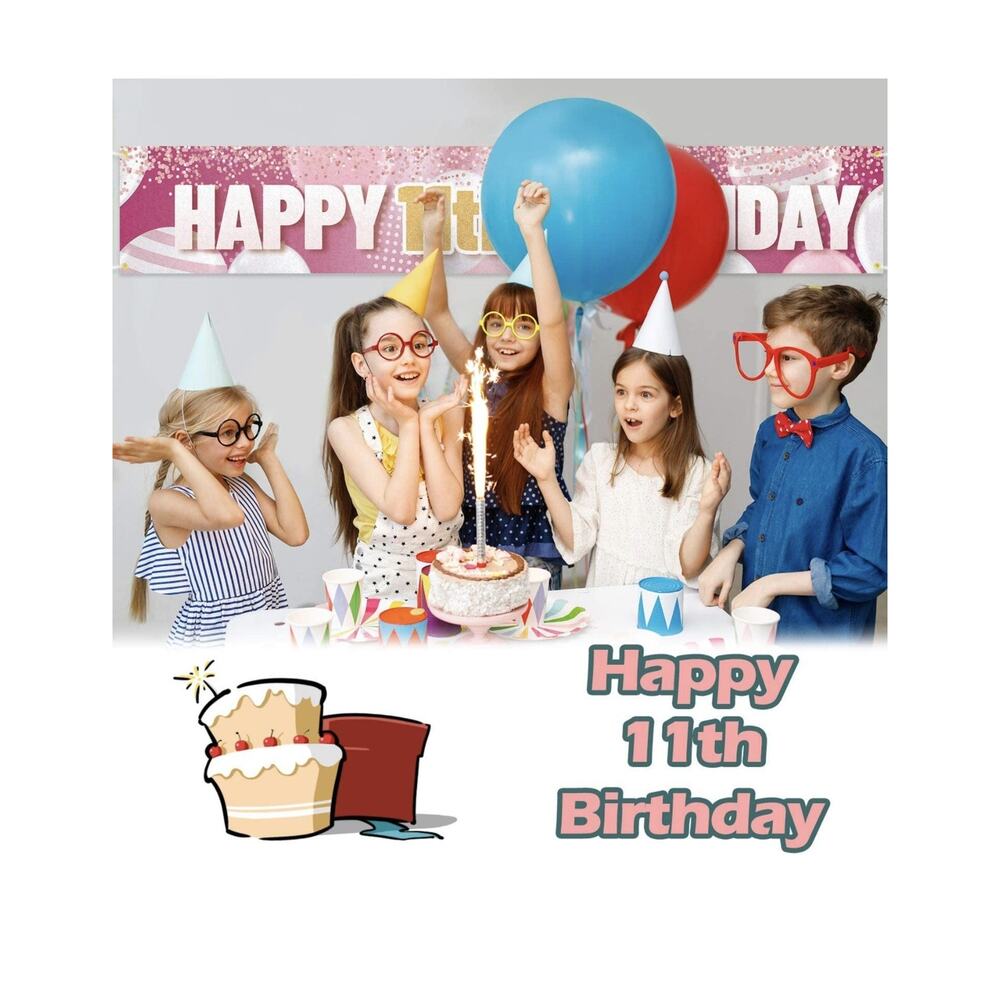 9.8 X 1.6 Ft Large Sign Happy 11th Birthday Banner Pink For Kids Birthday - Picture 6 of 7